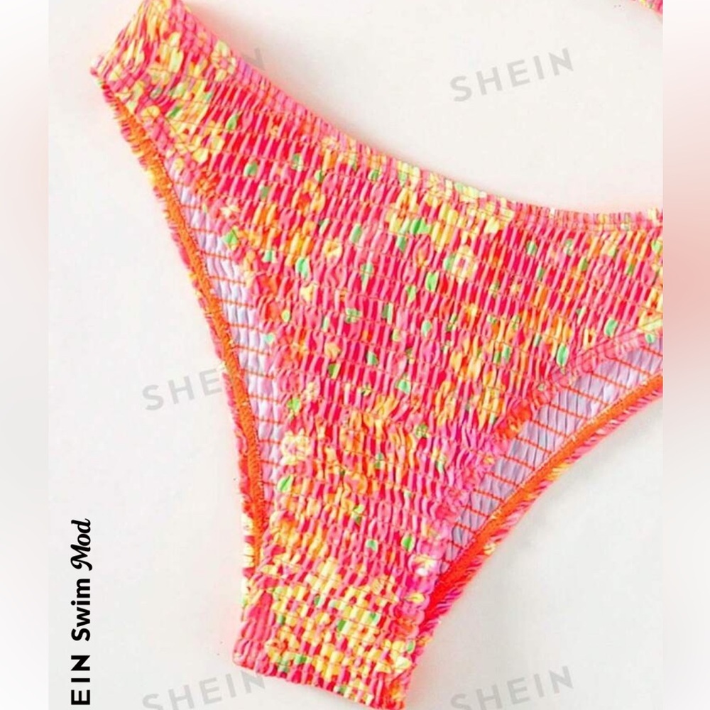 SHEIN floral swimsuit bikini 2-piece orange yellow neon swimwear bandeau top XS - Picture 10 of 10